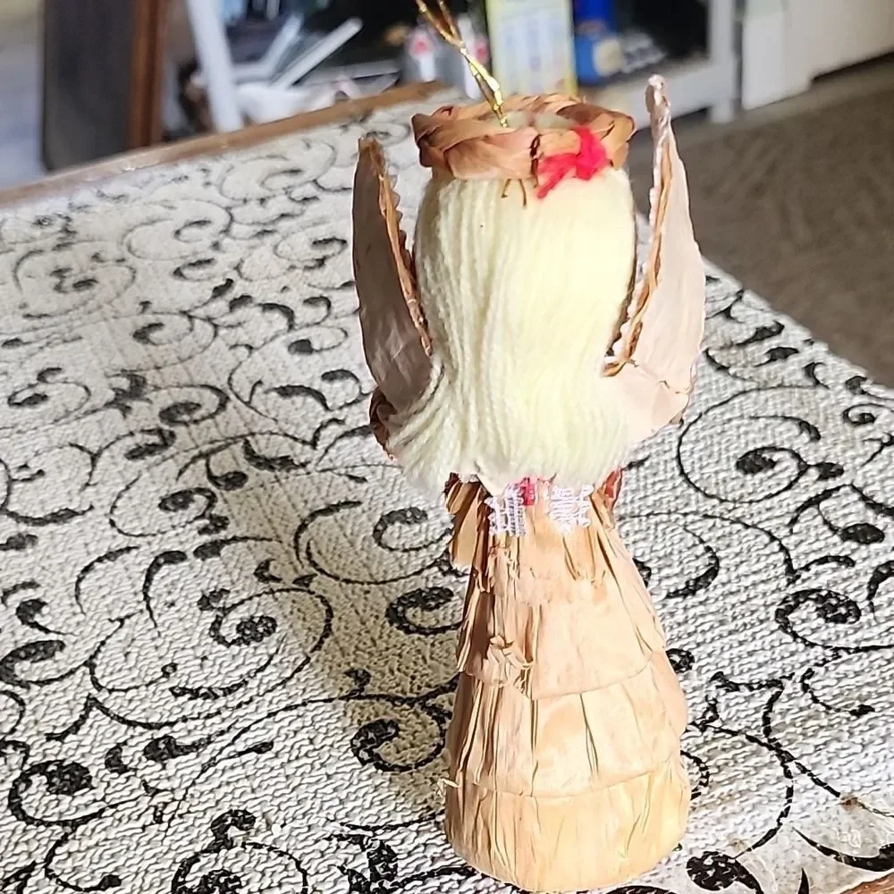 Straw Angel Ornament with Pink Flowers